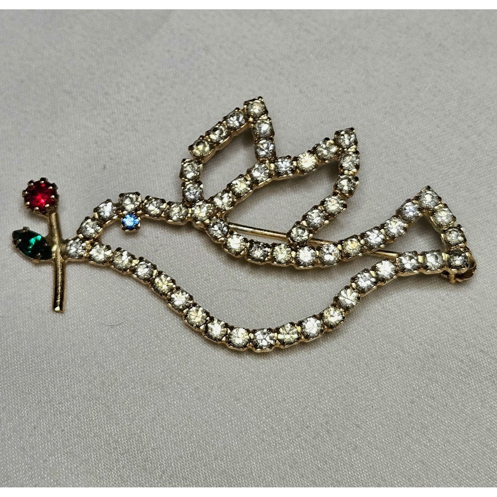 Vintage Dove Brooch Women OS Gold Tone Rhinestone Peace Bird Estate Pin